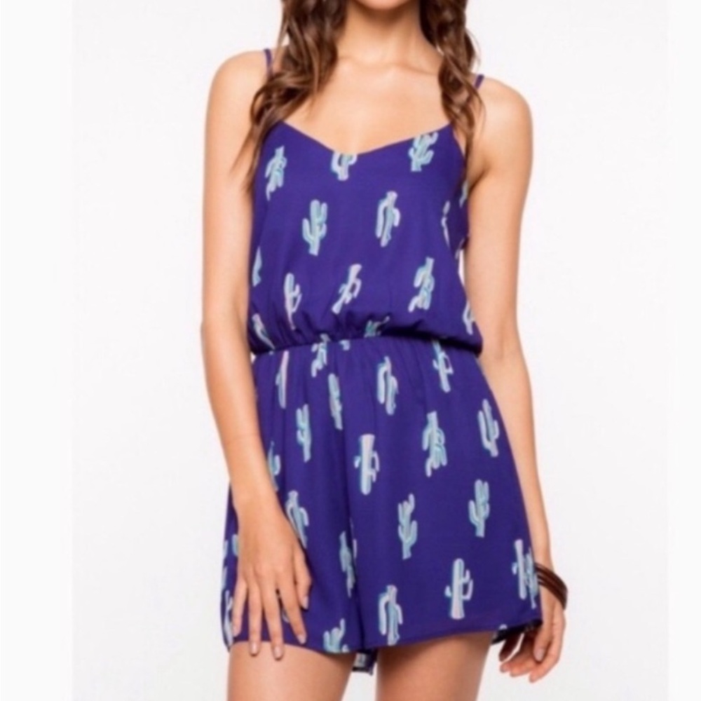 Everly Blue Cactus Print Romper with Spaghetti Straps NWOT